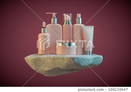 3d illustration of set of diverse cosmetic containers in pink color standing on white rock pedestal over dark red background. 3d illustration of set of diverse cosmetic containers in pink color standing on white rock pedestal over dark red background. 109210647