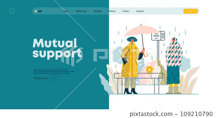 Mutual Support: Offer an umbrella to a stranger -modern flat vector concept illustration of a at a bus stop in the rain offering an umbrella A metaphor of voluntary, collaborative exchanges 109210790