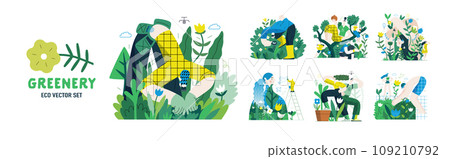 Greenery, ecology -modern flat vector concept illustration of people and plants. Metaphor of environmental sustainability and protection, closeness to nature, green life, ecosystem and biosphere 109210792