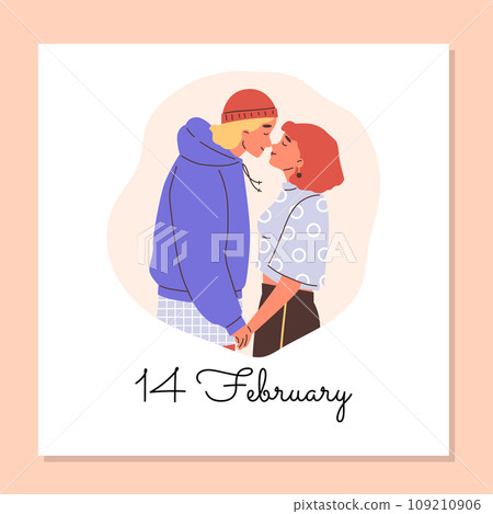 Two teenagers lovers hugging and kissing, flirting, vector cartoon 14th of february poster, romantic boy and girl Two teenagers lovers hugging and kissing, flirting, vector cartoon 14th of february poster, romantic boy and girl 109210906
