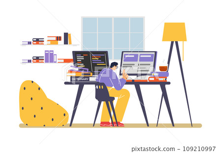 Smart man translator working with computer and many books flat style Smart man translator working with computer and many books flat style 109210997