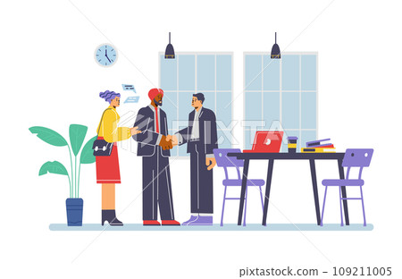 A woman translator translates a conversation between two men of different nationalities, vector multilingual service A woman translator translates a conversation between two men of different nationalities, vector multilingual service 109211005