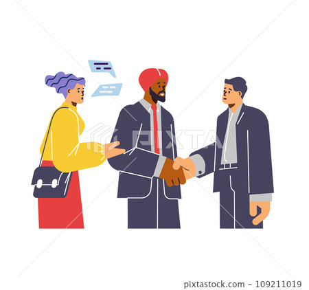 Young woman translator working with men shaking hands flat style Young woman translator working with men shaking hands flat style 109211019