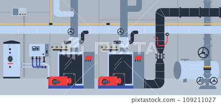 Plumbing system: pipes with valves, boiler flat style, vector illustration 109211027