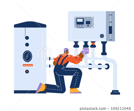 Boiler engineer for boiler equipment maintenance and repair, flat vector. Boiler engineer for boiler equipment maintenance and repair, flat vector. 109211048