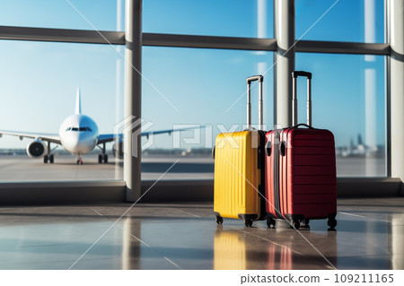 Two suitcases in an airport hallway 109211165