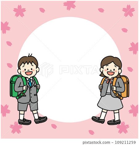 一名新一年級學生背著書包進入小學的插圖框架 一名新一年級學生背著書包進入小學的插圖框架 109211259