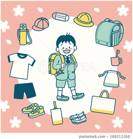 一名新一年級學生背著書包進入小學的插圖集和柔和色彩的文具 一名新一年級學生背著書包進入小學的插圖集和柔和色彩的文具 109211268
