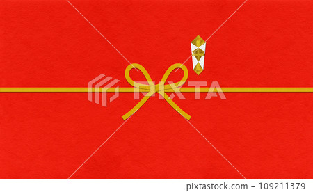 Stylish noshi paper with red Japanese paper, golden mizuhiki, and flower knots 109211379