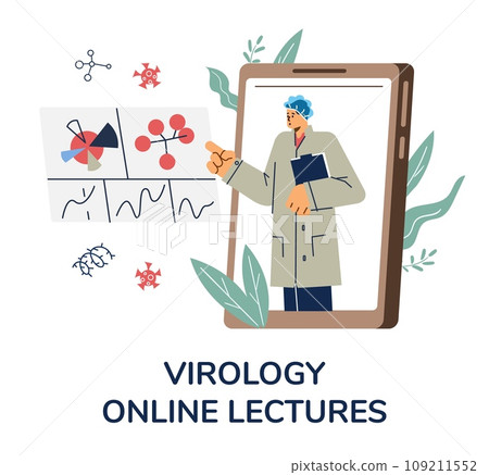 Huge mobile phone with man virologist explanatory diagrams flat style Huge mobile phone with man virologist explanatory diagrams flat style 109211552