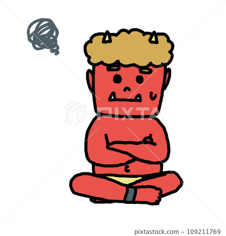 紅色惡魔雙臂交叉憂心忡忡的插圖 紅色惡魔雙臂交叉憂心忡忡的插圖 109211769