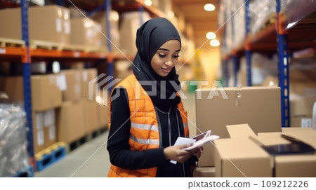 Businesswoman standing on fabric warehouse and working with papers. 109212226