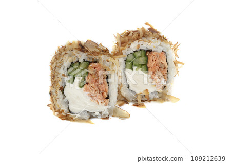 Cheap version of sushi rolls on a white background. Japanese food of rice and tuna and Philadelphia cheese rolled in dry fish. 109212639