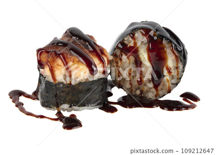 Sushi isolated on white background. Baked sushi with soy sauce Sushi isolated on white background. Baked sushi with soy sauce 109212647
