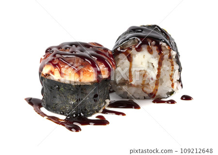 Sushi isolated on white background. Baked sushi with soy sauce Sushi isolated on white background. Baked sushi with soy sauce 109212648