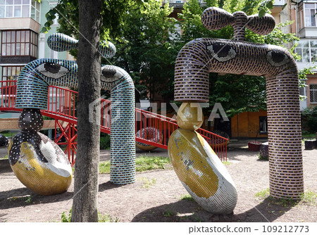 Kiev, Ukraine July 13, 2021: Children's playground with fairy-tale characters in the Kiev courtyard 109212773