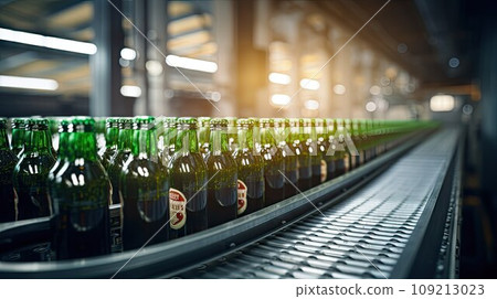 Beer bottles on the conveyor belt Beer bottles on the conveyor belt 109213023