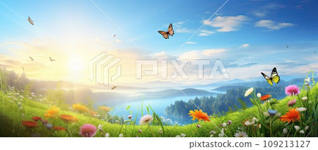 summer spring field on background blue sky 109213127