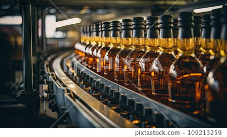 Bottles of golden alcohol with caps 109213259