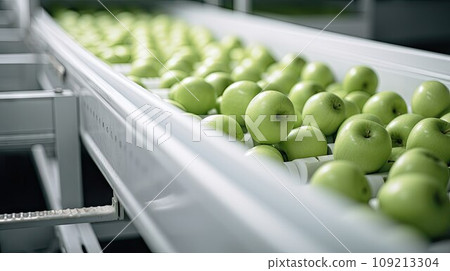 ripe green apples on conveyor ripe green apples on conveyor 109213304