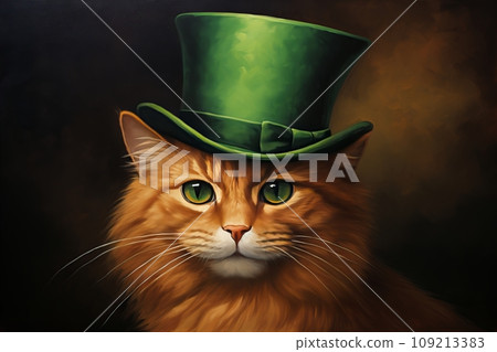 Mischievous Feline in a Vibrant Green Top Hat. St.Patricks Day. Mischievous Feline in a Vibrant Green Top Hat. St.Patricks Day. 109213383