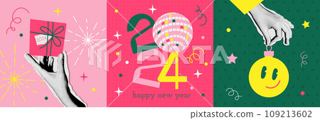 90s vintage set of Happy new year 2024 design. Hands holding New Year's toy and gift box. Colorful halftone collage style vector illustrations. Vector design for poster, banner, greeting cards 109213602