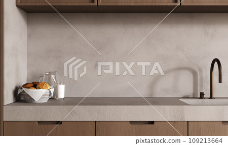Empty stone countertop in a modern wooden kitchen, sink, scones, and milk, 3d rendering Empty stone countertop in a modern wooden kitchen, sink, scones, and milk, 3d rendering 109213664