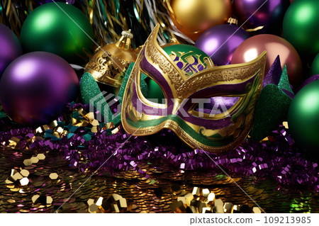 Mardi Gras mask, balloons and sparkles Mardi Gras mask, balloons and sparkles 109213985