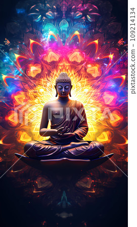 Buddha Sitting in the Lotus Position on the Background of the Mandala Buddha Sitting in the Lotus Position on the Background of the Mandala 109214134