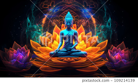 Buddha Sitting in the Lotus Position on the Background of the Mandala Buddha Sitting in the Lotus Position on the Background of the Mandala 109214139