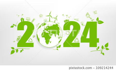 New year 2024 Green Eco friendly, Sustainability planning concept and World environmental with doodle icons on white background, Vector illustration 109214244