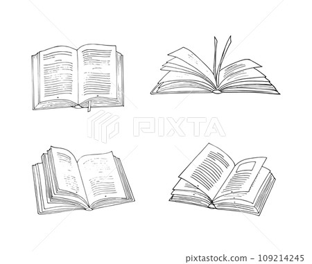 Hand-drawn various book illustration set. Opened Books set. A collection of books sketches. Isolated on white background. 109214245