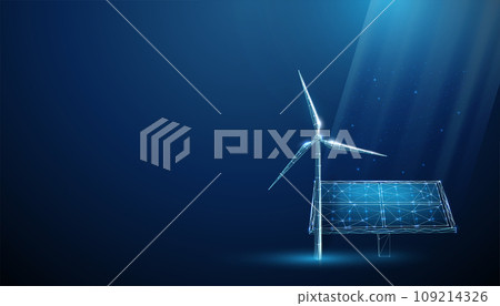 Abstract blue solar panel with wind turbine Renewable power generation Green energy concept Alternative source of energy Abstract blue solar panel with wind turbine Renewable power generation Green energy concept Alternative source of energy 109214326