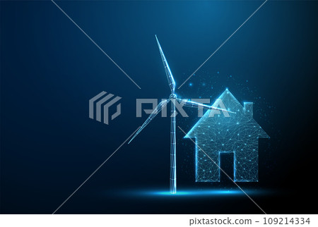 Abstract one storey country house with wind turbine. Renewable power generation Green energy concept. Low poly style. 109214334