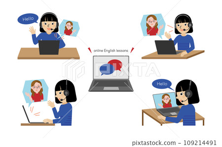 Illustration set of four angles of a black-haired Japanese woman wearing headphones and having an online English conversation 109214491