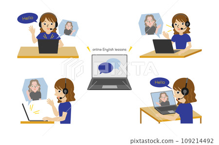 Illustration set of four angles of a Japanese woman wearing headphones and having an online English conversation Illustration set of four angles of a Japanese woman wearing headphones and having an online English conversation 109214492