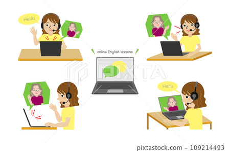 Illustration set of four angles of a Japanese woman wearing headphones and having an online English conversation Illustration set of four angles of a Japanese woman wearing headphones and having an online English conversation 109214493