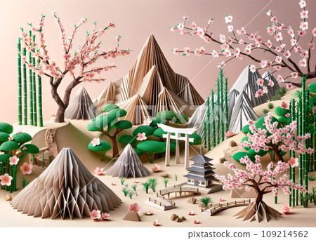 Origami Japanese Natural Landmarks with Sakura 109214562