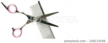 Scissors and comb for pet hair care isolated on white. Wide photo. Free space for text. 109214598