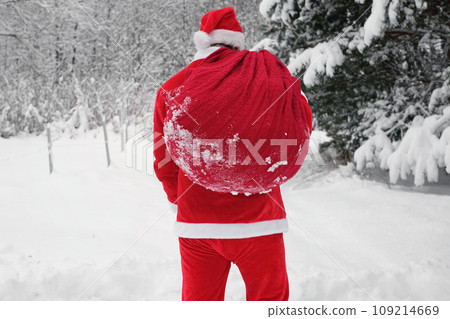 Santa Claus with Big Red Bag of Gifts Walking at Winter Snowy Forest. Funny Santa Hurries to Congratulate People among a Snow Covered Trees. Merry Christmas and New Year Holiday Concept. Rear View. 109214669