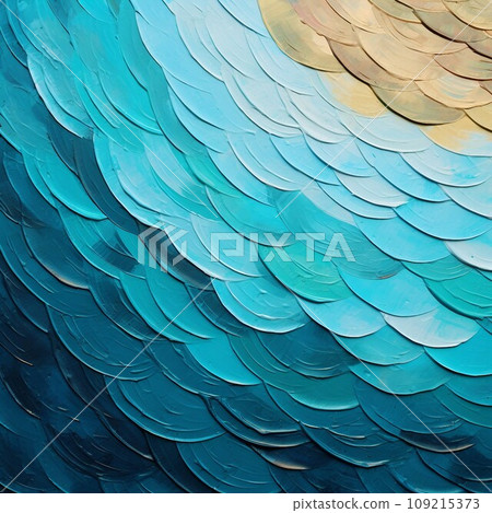 漩渦抽象背景油畫方形橫幅）藍綠色、白色和金色立體魚鱗風格圖案。 AI生成影像 109215373