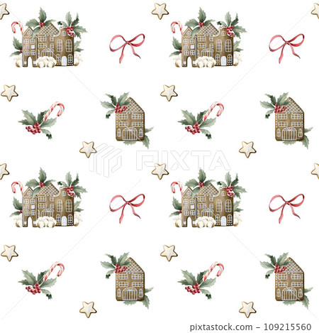 Watercolor seamless pattern with gingerbread cookies, candy canes, holly, pine branches and red ribbon bow on white Watercolor seamless pattern with gingerbread cookies, candy canes, holly, pine branches and red ribbon bow on white 109215560