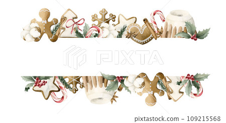 Horizontal frame with Christmas holiday elements: gingerbread cookies, cake, candy canes, cinnamon, anise, cotton, holly Horizontal frame with Christmas holiday elements: gingerbread cookies, cake, candy canes, cinnamon, anise, cotton, holly 109215568