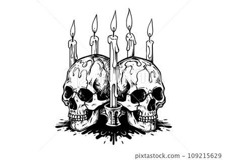 Scull with candle hand drawn ink sketch. Engraved style vector illustration. Scull with candle hand drawn ink sketch. Engraved style vector illustration. 109215629