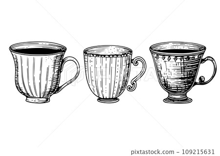 Set of vintage cups or mugs hand drawn ink sketch. Engraved style vector illustration. 109215631