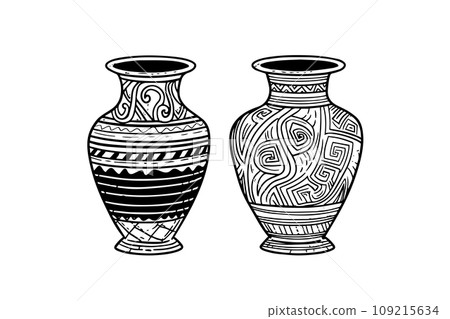 Set of ancient vase hand drawn ink sketch. Engraved style vector illustration. 109215634