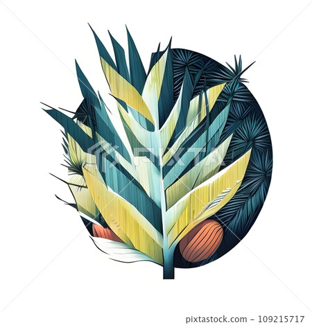 Isolated arrangement of fresh fruits and vegetables and leaves in illustrative style - Ai generated 109215717