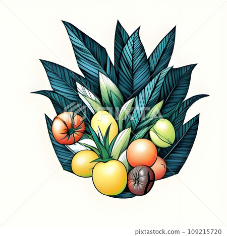 Isolated arrangement of fresh fruits and vegetables and leaves in illustrative style - Ai generated 109215720