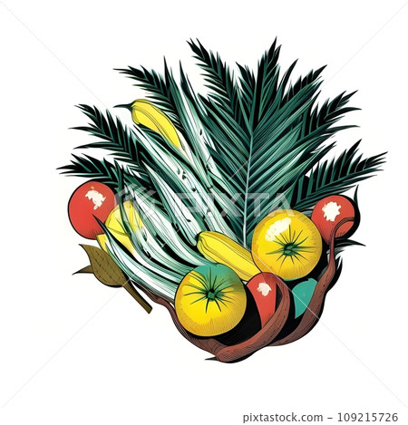 Isolated arrangement of fresh fruits and vegetables and leaves in illustrative style - Ai generated 109215726