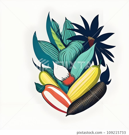 Isolated arrangement of fresh fruits and vegetables and leaves in illustrative style - Ai generated 109215733